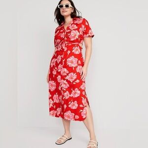Old Navy Cutout Midi Shirt Dress Red with Pink flowers medium